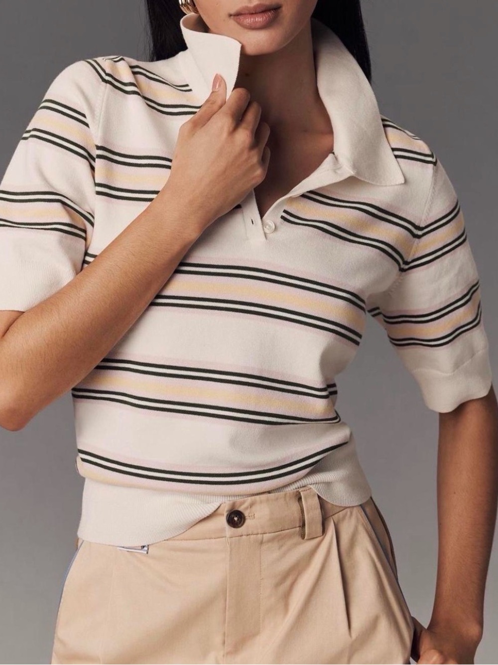 Reformation Cream Campbell Polo Knit Top with Black and Pale Yellow Stripes